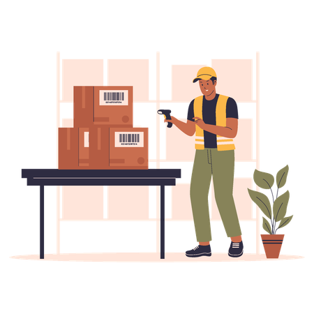 Worker scanning barcode in warehouse  Illustration