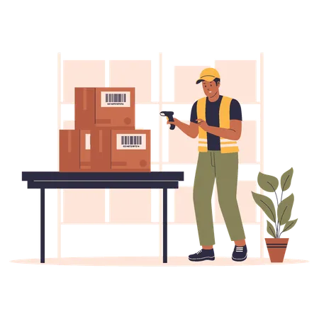 Worker scanning barcode in warehouse  Illustration