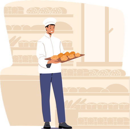 Worker serving fresh bakery products Illustration
