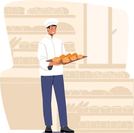 Worker serving fresh bakery products Illustration