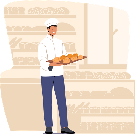 Worker serving fresh bakery products  Illustration