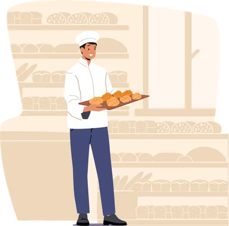 Worker serving fresh bakery products  Illustration