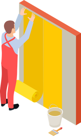 Worker setting up wallpaper Illustration