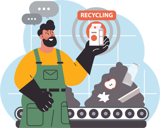 Worker showcases recycling package  Illustration