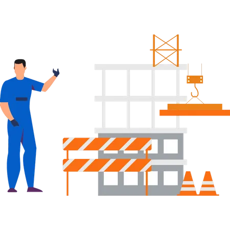 Worker showing construction building  Illustration