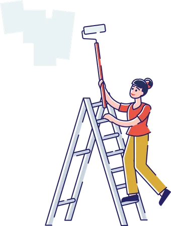 Worker Stand on Ladder Coloring Wall with Paint Roller  Illustration