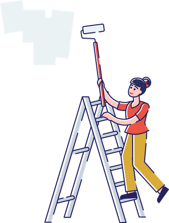 Worker Stand on Ladder Coloring Wall with Paint Roller  Illustration