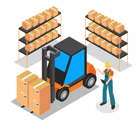 Worker standing near forklift in warehouse  Illustration