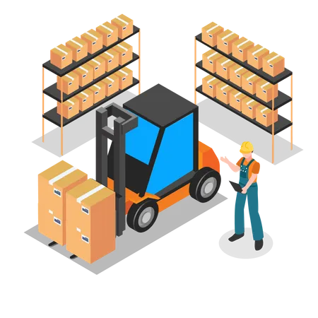 Worker standing near forklift in warehouse  Illustration