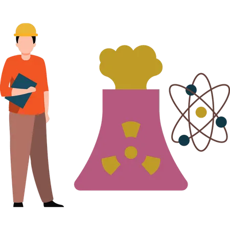 Worker stands near nuclear reactor  Illustration