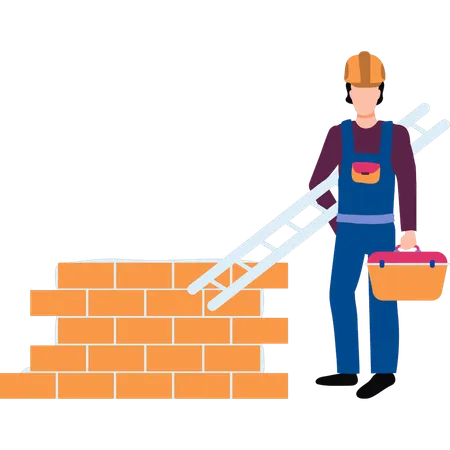 Worker stands next to a brick wall with tools  Illustration