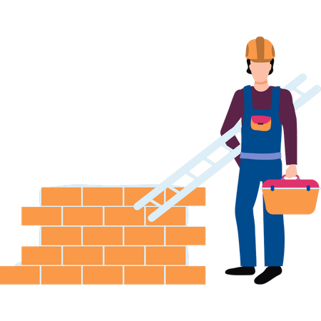 Worker stands next to a brick wall with tools  Illustration