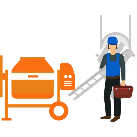 Worker stands with toolbox  Illustration