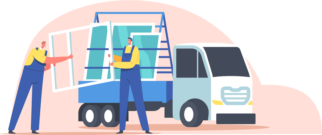 Worker transporting window panel  Illustration