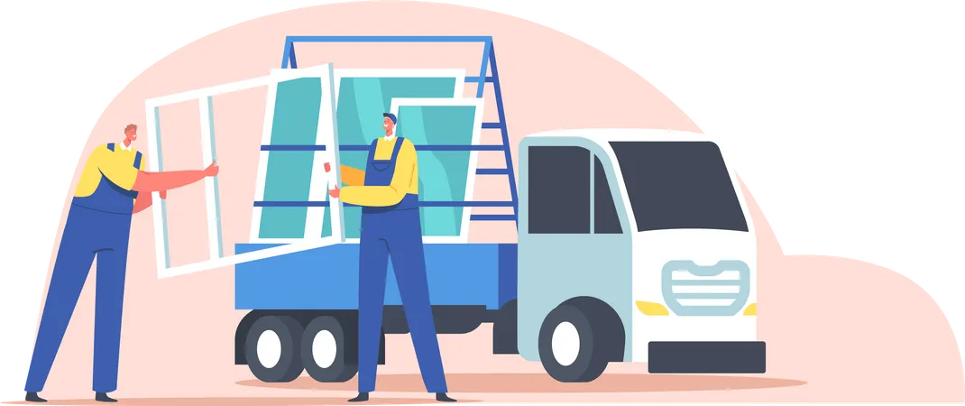 Worker transporting window panel  Illustration