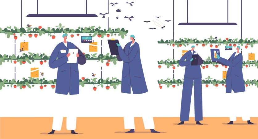 Worker Characters Use Automation Technology For Strawberry Production Integration Of Iot Tech To Optimize Farming Processes Enhancing Efficiency And Crop Yields Cartoon People Vector Illustration Illustration