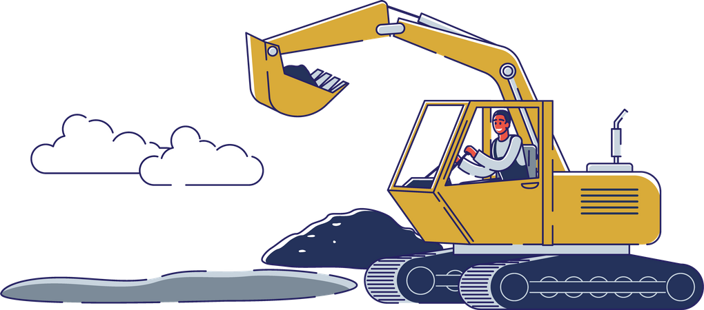 Worker Use Excavator To Repair And Lay Asphalt Maintenance Illustration