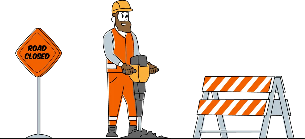 Builder Character With Pneumatic Jackhammer Drill Breaking Asphalt Road Work On Construction Site Fenced With Warning Sign Highway Maintenance Worker Remove Old Pavement Linear Vector Illustration Illustration