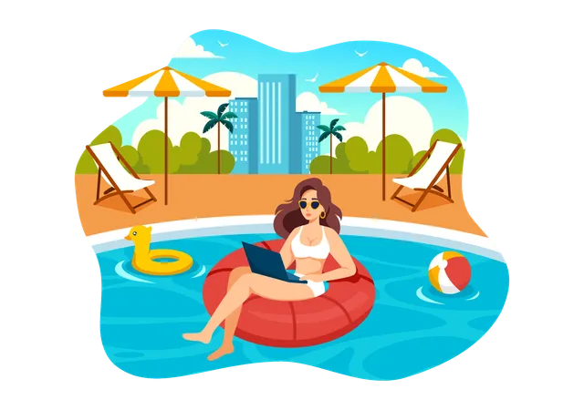 Freelance Workers Relaxing By The Swimming Pool Vector Illustration With Drinking Cocktails And Using Laptops In A Flat Cartoon Style Background イラスト