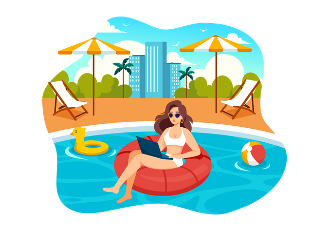 Worker Using Laptop near Swimming Pool  Illustration