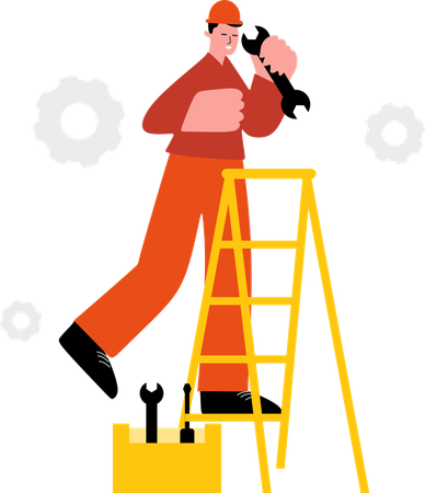 Worker Using mechanical Tools on a Ladder  Illustration