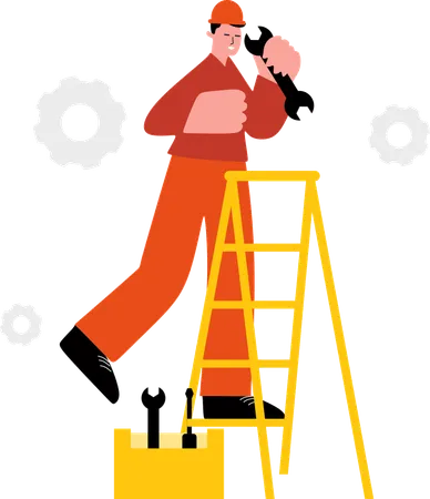 Worker Using mechanical Tools on a Ladder  Illustration