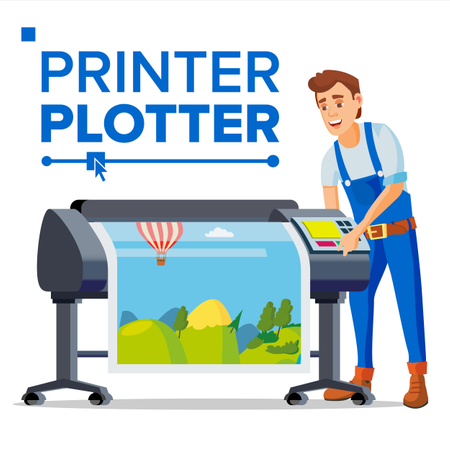 Worker Using Plotter Machine Illustration