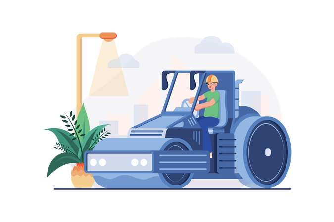 Worker Using Road Roller Makes Paving On Highway Or Street  Illustration