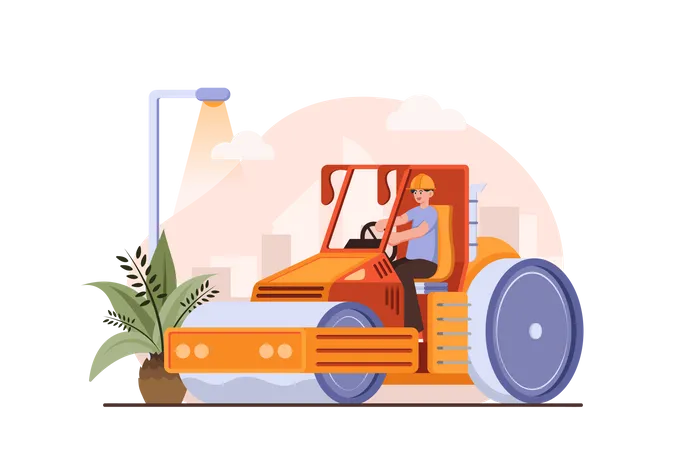 Worker using road roller makes paving on highway or street  Illustration