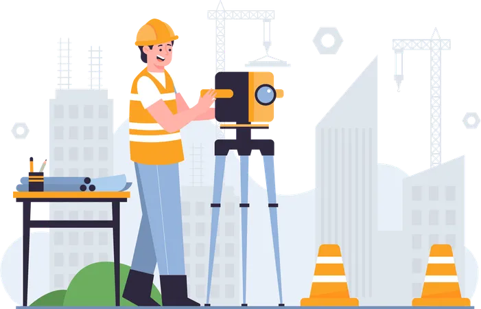 This Dynamic Illustration Showcases A Construction Worker Using Theodolite Tool On A Construction Site Perfect For Web Design Posters And Promotional Campaigns Related To The Construction Industry With Its Customizable Design And Versatility This Illustration Is An Excellent Tool For Promoting The Field Of Construction And Inspiring Individuals And Companies To Embrace The Latest Advancements In The Field Whether Used For Educational Or Promotional Purposes This Illustration Is Sure To Capture The Attention And Imagination Of Anyone Interested In The Exciting World Of Construction 일러스트레이션
