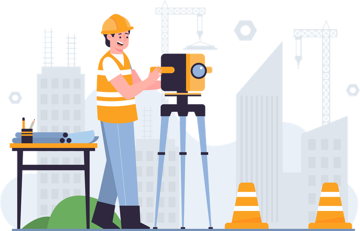 Worker Using Theodolite Tool  Illustration