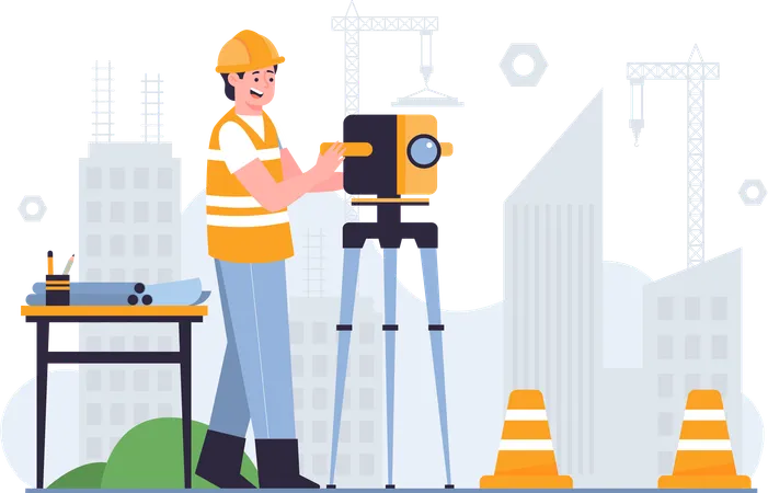 Worker Using Theodolite Tool  Illustration