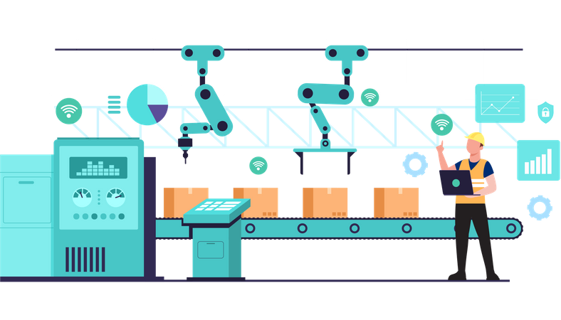 Worker using wi-fi from laptop controlling conveyor lines of automatic factory Illustration