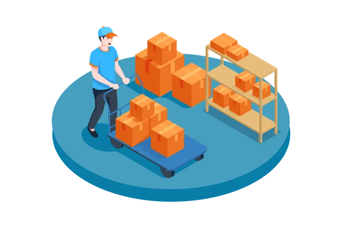 Worker walking with boxes trolley Illustration