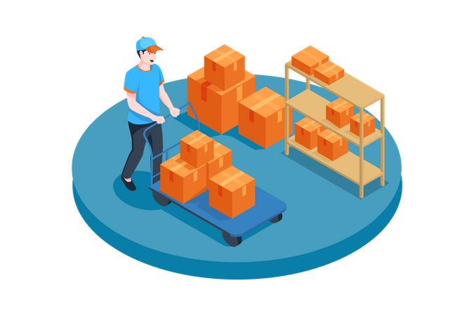 Worker walking with boxes trolley  Illustration