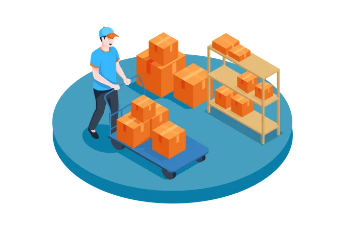 Worker walking with boxes trolley  Illustration