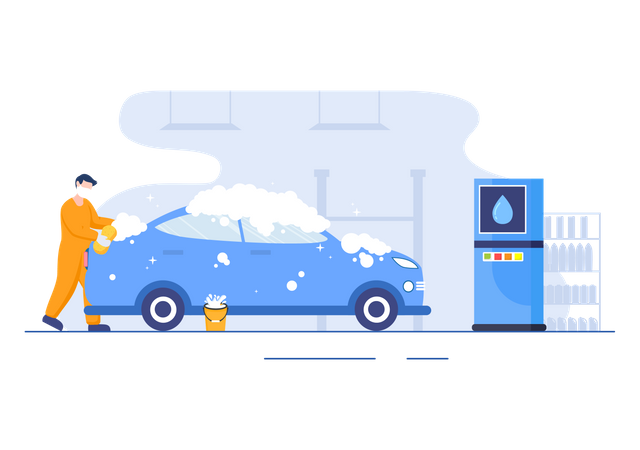Worker Washing Automobile Illustration