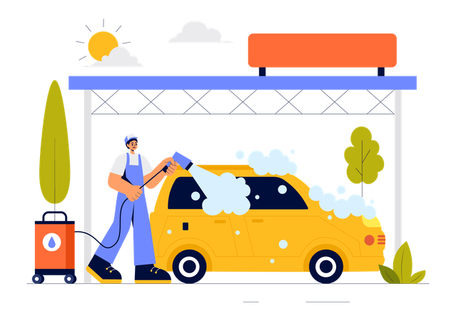 Worker washing car with soap  Illustration