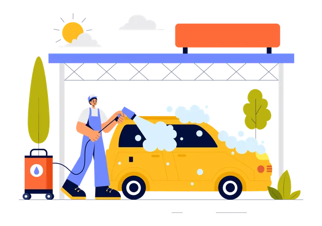 Worker washing car with soap  Illustration