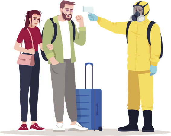 Worker wearing biohazard suit checking passenger temperature  Illustration