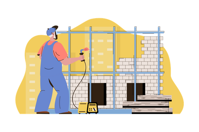 Worker welding steel frame at construction site  Illustration
