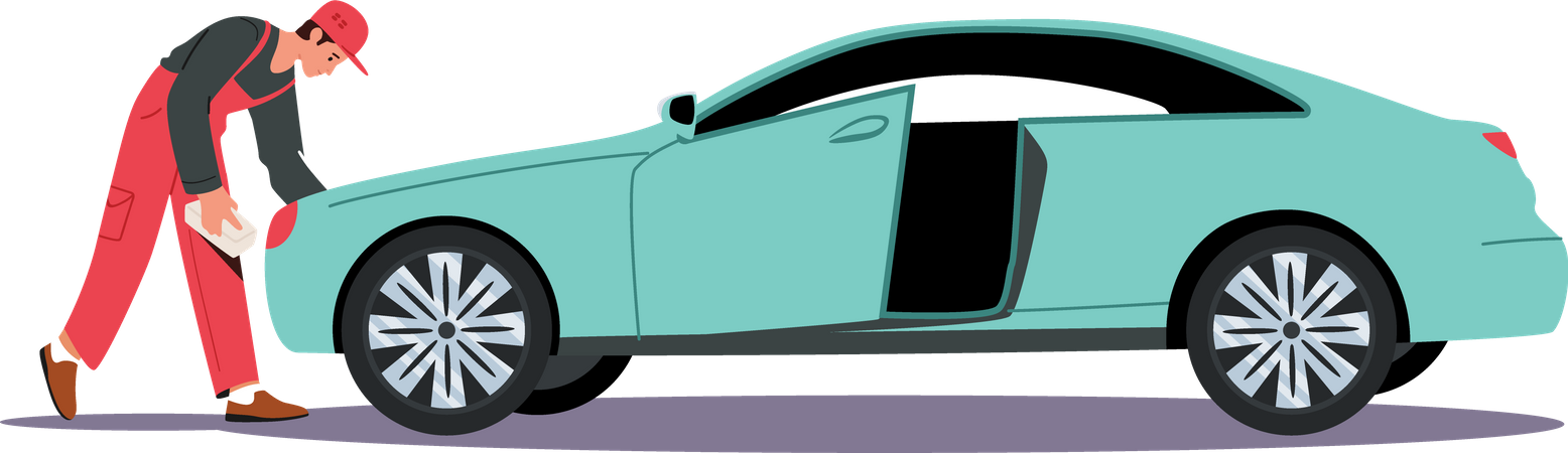 Worker wiping extra water remaining after car washing  Illustration