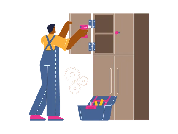 Worker with drilling machine working on Wooden furniture assembly  Illustration