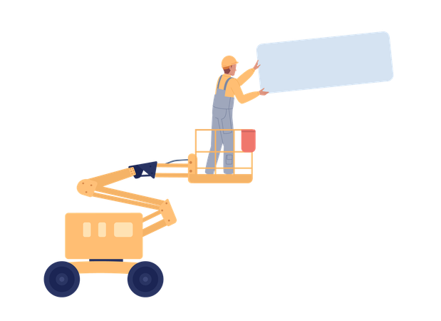 Worker with panel standing on aerial lift  Illustration