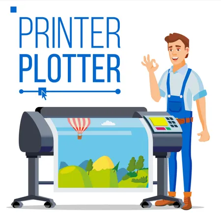 Worker With Plotter Vector Illustration