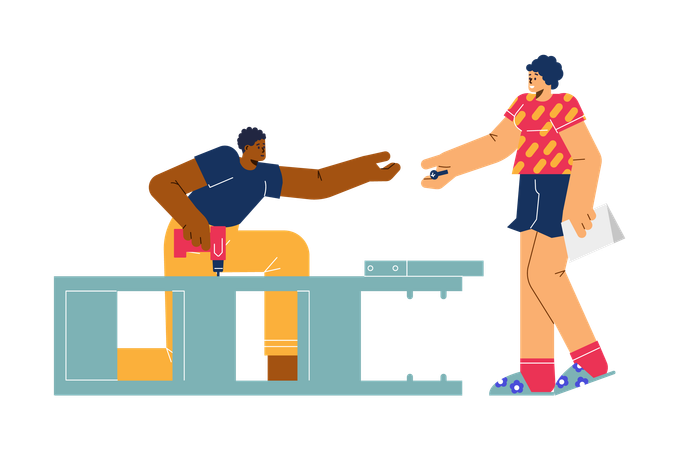 Worker with screwdriver assembling furniture and woman giving screw  Illustration