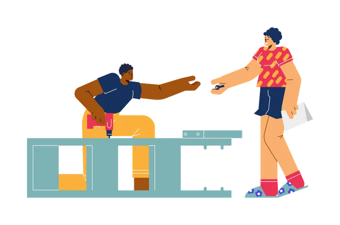 Worker with screwdriver assembling furniture and woman giving screw  Illustration