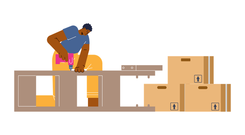 Worker with screwdriver dismantling cupboard furniture lying horizontally on floor  Illustration