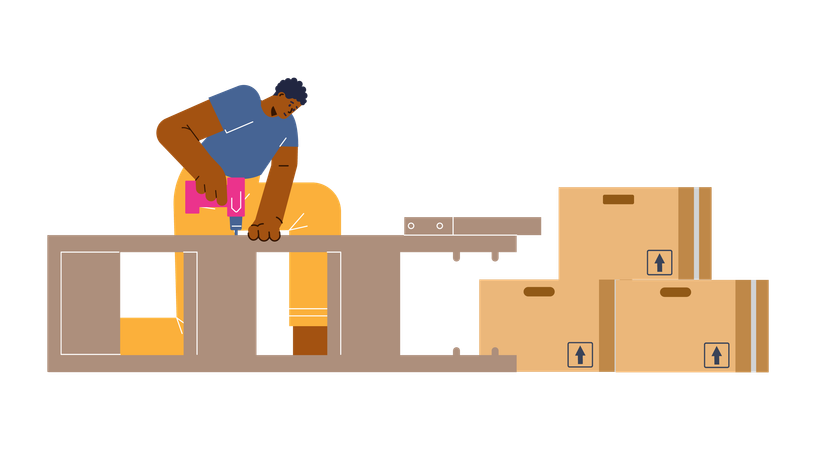 Worker with screwdriver dismantling cupboard furniture lying horizontally on floor  Illustration
