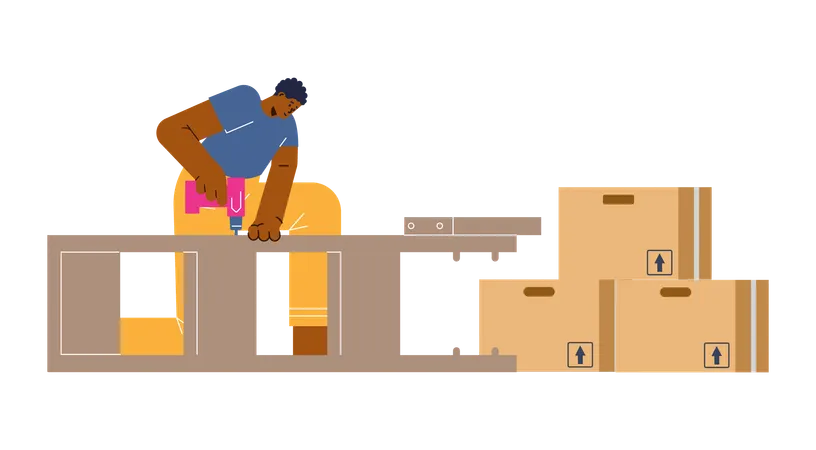 Worker with screwdriver dismantling cupboard furniture lying horizontally on floor  Illustration